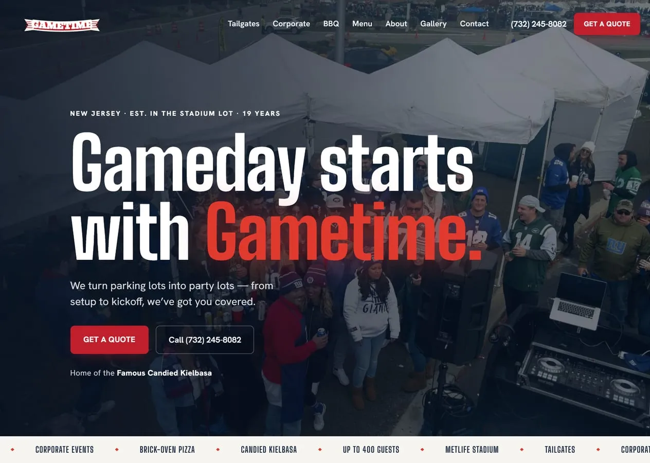 The Game Time Catering home page: a catering website for a New Jersey tailgate and corporate caterer