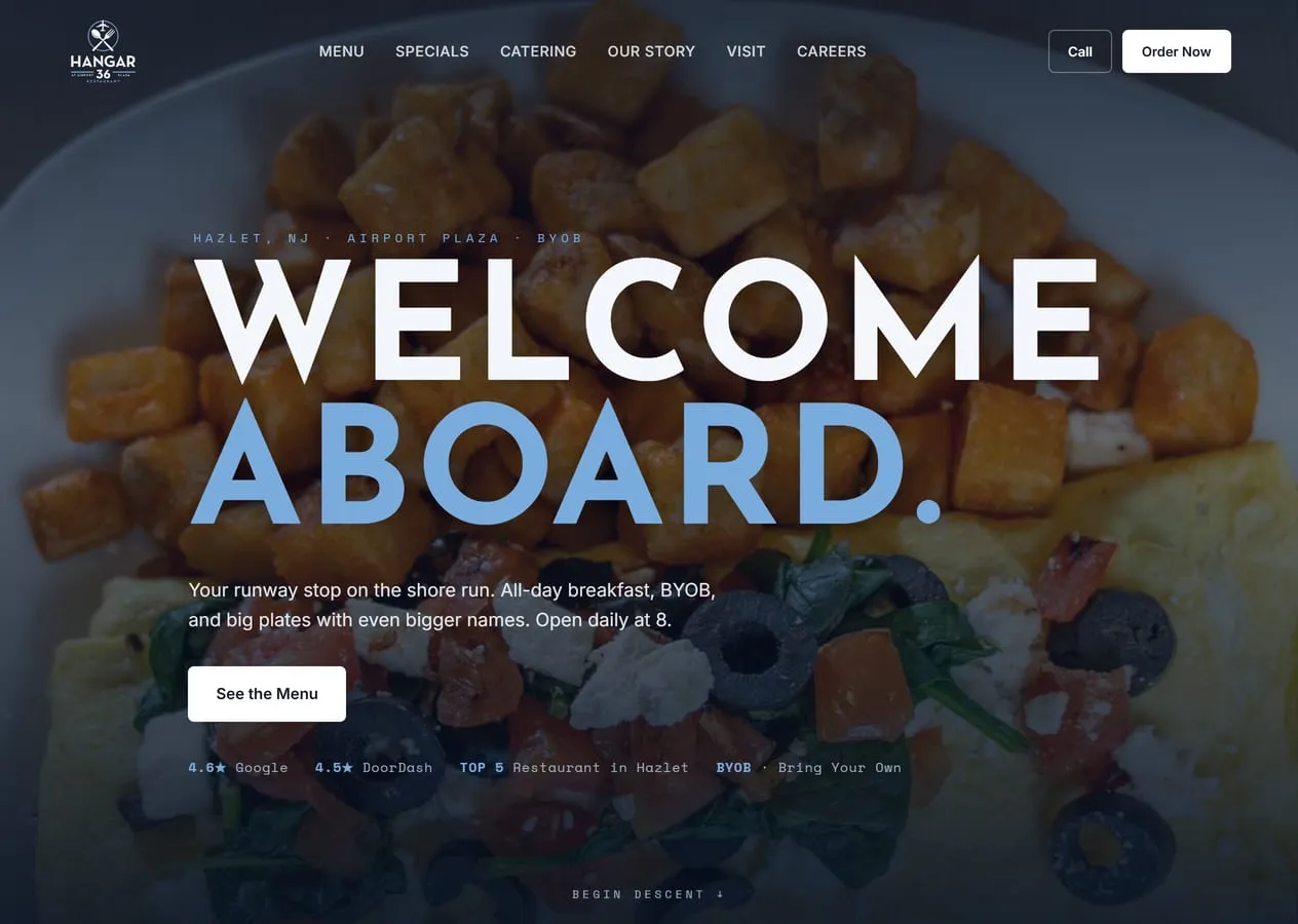 The Hangar 36 home page: a restaurant website for an aviation-themed diner in Hazlet, New Jersey